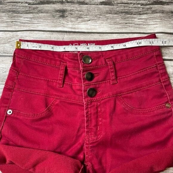 NoBo Mid Rise Skinny Cutoff Cut Off Cuffed Jean Shorts Deep Dark Red 1 Buttons - Picture 7 of 9